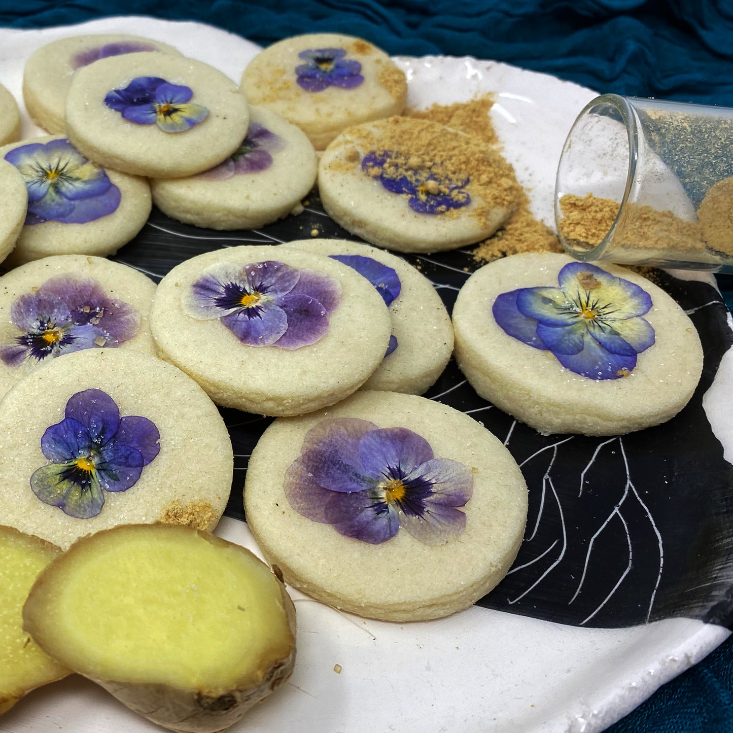 Edible pansy topped ginger cookies